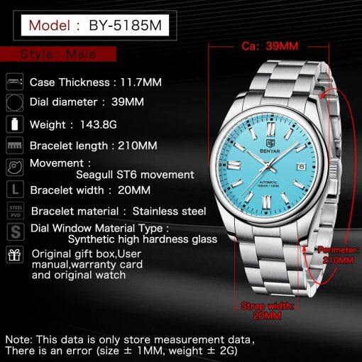 2023 Benyar New Luxury Men Mechanical Wristwatches 10bar Waterproof Automatic Watch Stainless Steel Sports Diving Watch 2