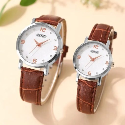 2pcs Fashion Couple Set Watches Luxury Men Women Business Casual Leather Quartz Watch Simple Brown Wristwatch 2