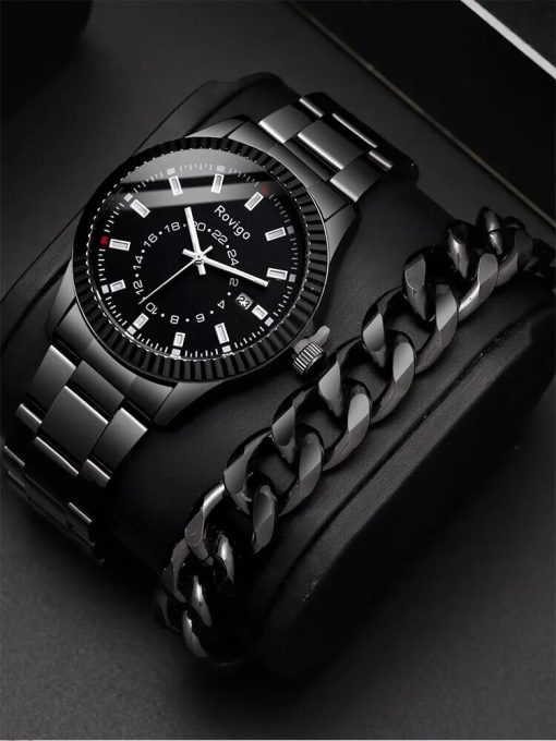 2pcs Fashion Business Calendar Steel Band Men S Quartz Watch With Chain Bracelet Set