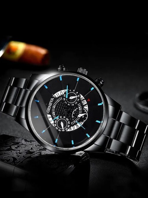 2pcs Fashion Business Men S Calendar Round Black Steel Band Watch Woven Pu Leather Bracelet Set 1