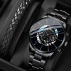 2pcs Fashion Business Men S Calendar Round Black Steel Band Watch Woven Pu Leather Bracelet Set