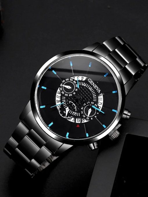 2pcs Fashion Business Men S Calendar Round Black Steel Band Watch Woven Pu Leather Bracelet Set 2