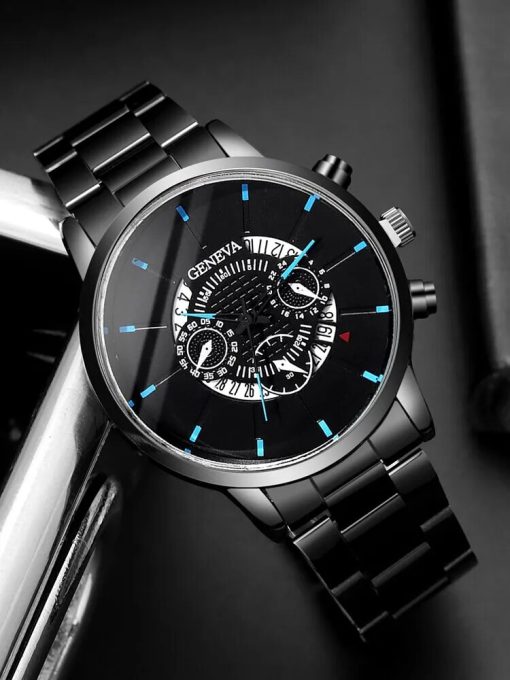 2pcs Fashion Business Men S Calendar Round Black Steel Band Watch Woven Pu Leather Bracelet Set 3