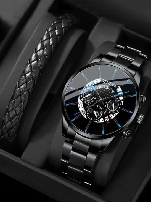 2pcs Fashion Business Men S Calendar Round Black Steel Band Watch Woven Pu Leather Bracelet Set