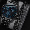 2pcs Men S Fake Three Eye Steel Strap Watch Chain Bracelet Set