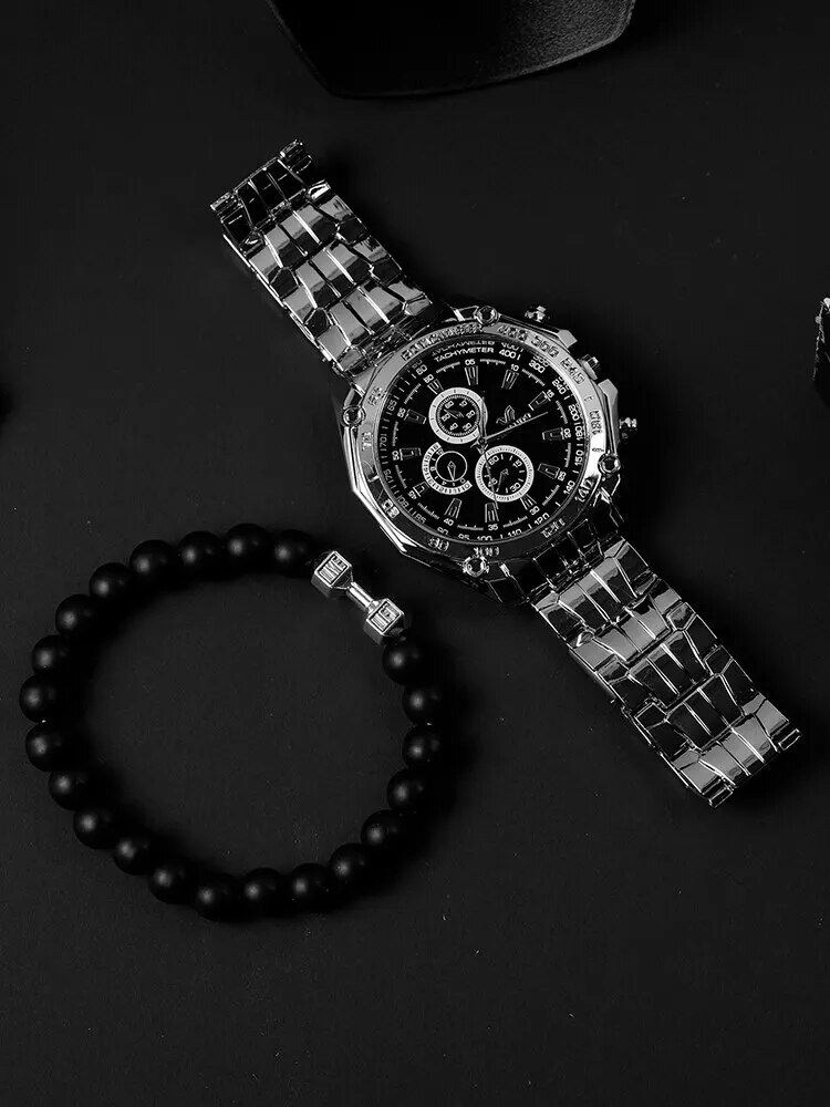 2pcs-MEN-S-Large-Dial-Silver-Steel-Band-Quartz-Watch-dumbbell-Bead-String-Bracelet-Set-4