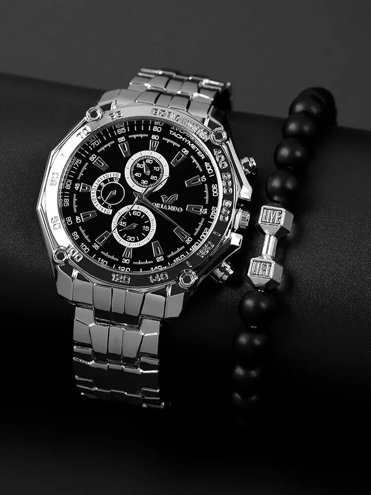 2pcs-MEN-S-Large-Dial-Silver-Steel-Band-Quartz-Watch-dumbbell-Bead-String-Bracelet-Set