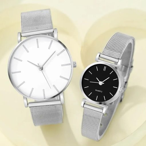 2pcs Stainless Steel Quartz Watches For Women Men Leisure Fashion Golden Ladies Clock Wristwatch 1