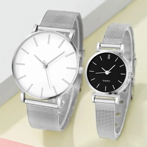 2pcs Stainless Steel Quartz Watches For Women Men Leisure Fashion Golden Ladies Clock Wristwatch 2