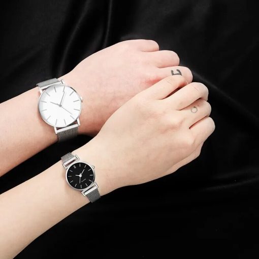 2pcs Stainless Steel Quartz Watches For Women Men Leisure Fashion Golden Ladies Clock Wristwatch 3