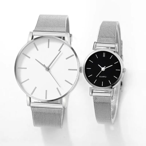 2pcs Stainless Steel Quartz Watches For Women Men Leisure Fashion Golden Ladies Clock Wristwatch 4