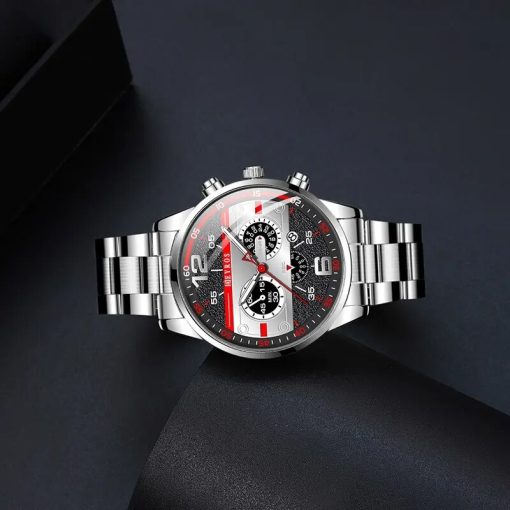 3pcs Set Fashion Mens Calendar Watches Male Business Stainless Steel Quartz Watch Men Necklace Bracelet Wrist 4