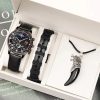 3pcs Set Fashion Mens Calendar Watches Male Casual Black Leather Quartz Watch Men Necklace Bracelet Wrist