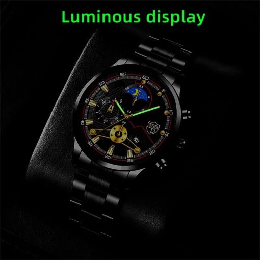 3pcs Set Fashion Mens Calendar Watches Male Stainless Steel Quartz Watch Men Necklace Bracelet Wrist Watch 3