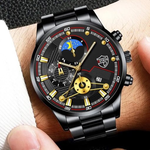 3pcs Set Fashion Mens Calendar Watches Male Stainless Steel Quartz Watch Men Necklace Bracelet Wrist Watch 6