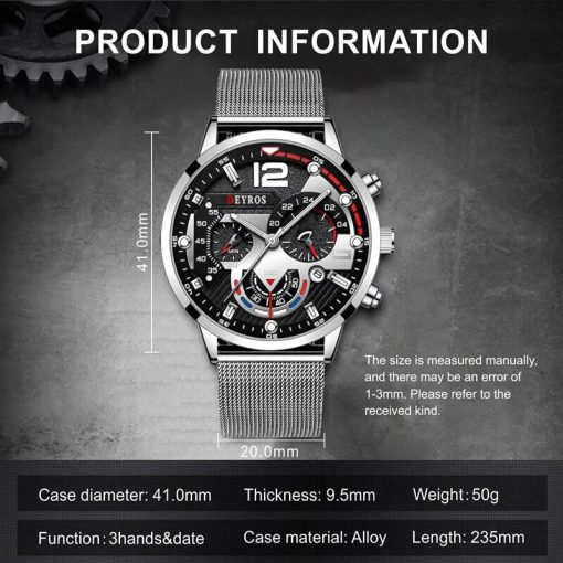 3pcs Set Fashion Mens Calendar Watches Men Business Steel Mesh Belt Quartz Watch Male Casual Necklace 1