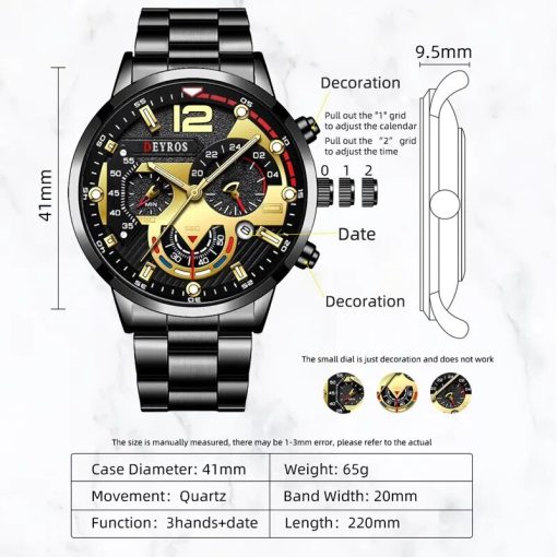 3pcs Set Fashion Mens Watches Luxury Men Business Calendar Stainless Steel Quartz Watch Male Casual Necklace 1