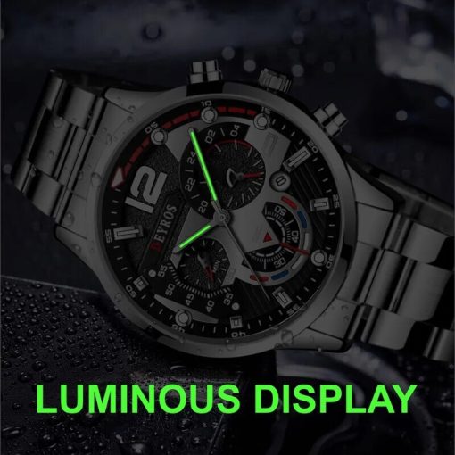 3pcs Set Fashion Mens Watches Luxury Men Business Calendar Stainless Steel Quartz Watch Male Casual Necklace 2