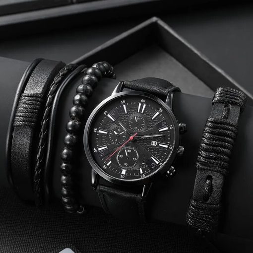 4pcs Black Round Quartz Watch With Pu Leather Bracelet Men Nylon Business Watch Fashion Casual For 1