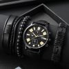 4pcs Black Round Quartz Watch With Pu Leather Bracelet Men Nylon Business Watch Fashion Casual For