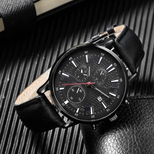 4pcs Black Round Quartz Watch With Pu Leather Bracelet Men Nylon Business Watch Fashion Casual For 4