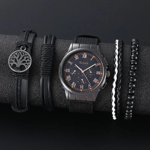 4pcs Brown Nylon Strap Quartz Watch With Bracelet For Men Casual Fashion Round Watch In Daily 1