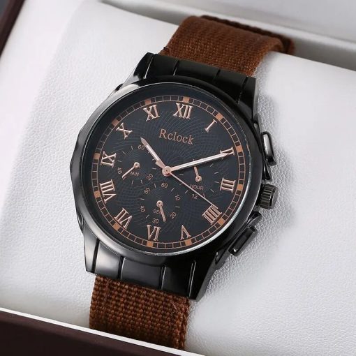 4pcs Brown Nylon Strap Quartz Watch With Bracelet For Men Casual Fashion Round Watch In Daily 2