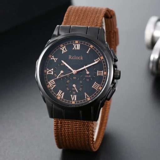 4pcs Brown Nylon Strap Quartz Watch With Bracelet For Men Casual Fashion Round Watch In Daily 5