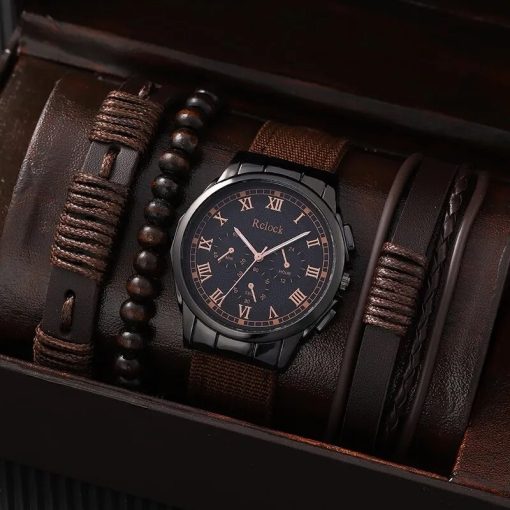 4pcs Brown Nylon Strap Quartz Watch With Bracelet For Men Casual Fashion Round Watch In Daily