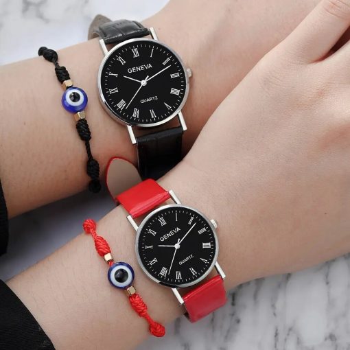 4pcs Couple Quartz Watch Woven Bracelet For Couple Date Roman Numerals Watch Blue Evil Eyes Couple