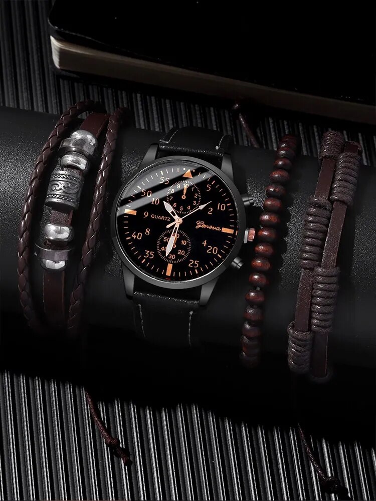 4pcs-Fashion-Business-Casual-Men-s-Belt-Quartz-Watch-with-PU-Woven-Bracelet-Set