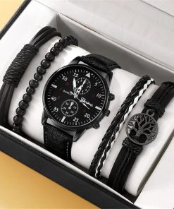 5pcs Set Fashion Mens Sports Watches Man Business Quartz Wristwatch Luxury Leather Bracelet Men Casual Clock