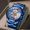 Fashion Blue Hollow Dial Quartz Mens Watches Luxury Stainless Steel Wristwatch Calendar Luminous Clock Men Business