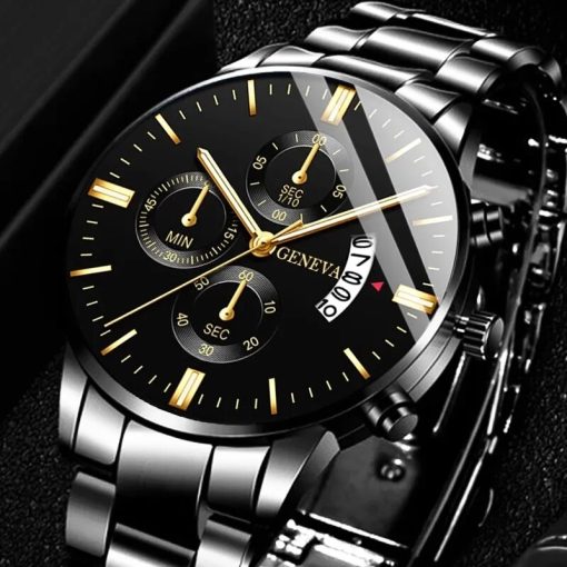 Fashion Men Black Stainless Steel Watch Luxury Calendar Quartz Wrist Watch Mens Business Watches For Man