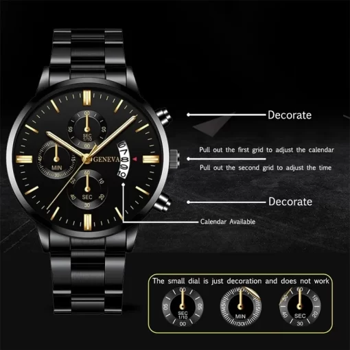 Fashion Men Black Stainless Steel Watch Luxury Calendar Quartz Wrist Watch Mens Business Watches For Man