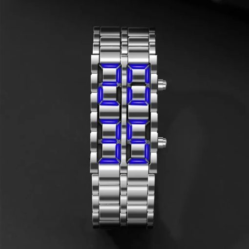 Fashion Silver Full Metal Digital Lava Wrist Watch Men Blue Led Display Mens Watches Gifts For 1