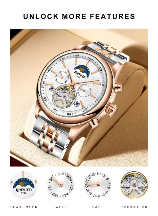 Kinyued New Released Men Mechanical Wrist Watch Stainless Steel Strap Moon Phase Watches For Man Date 4