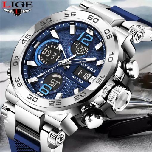 Lige New Watches For Men 50m Waterproof Clock Alarm Reloj Hombre Lcd Dual Display Wristwatch Quartz