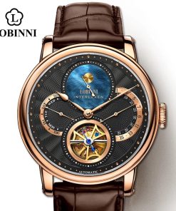 Lobinni Watch Men Automatic Gold Mechanical Watches Wristwatches Fashion Sporty Strap Chronograph Sapphire Skeleton Watch Brands
