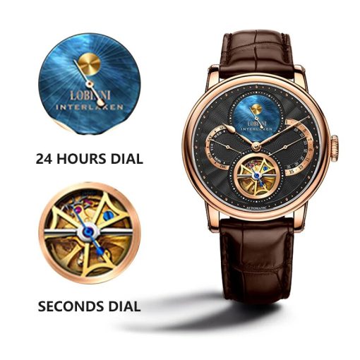 Lobinni Watch Men Automatic Gold Mechanical Watches Wristwatches Fashion Sporty Strap Chronograph Sapphire Skeleton Watch Brands 5
