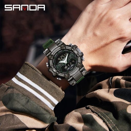 Men Sports Watches Sanda Brand Dual Display Analog Digital Large Dial Quartz Wristwatches Waterproof 50m Military 2