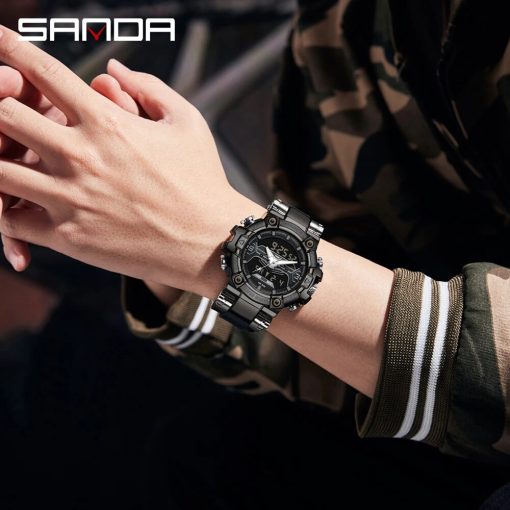 Men Sports Watches Sanda Brand Dual Display Analog Digital Large Dial Quartz Wristwatches Waterproof 50m Military 3