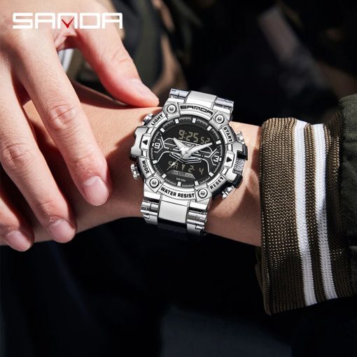 Men Sports Watches Sanda Brand Dual Display Analog Digital Large Dial Quartz Wristwatches Waterproof 50m Military 4