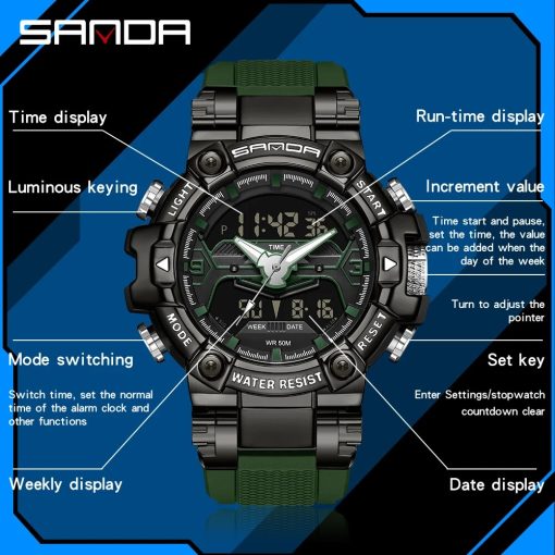 Men Sports Watches Sanda Brand Dual Display Analog Digital Large Dial Quartz Wristwatches Waterproof 50m Military 5