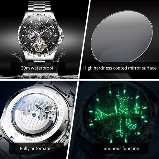 Olevs Automatic Mechanical Watch For Men Skeleton Hollow Rotating Seconds Starry Sky Men S Wristwatch Luminous 2