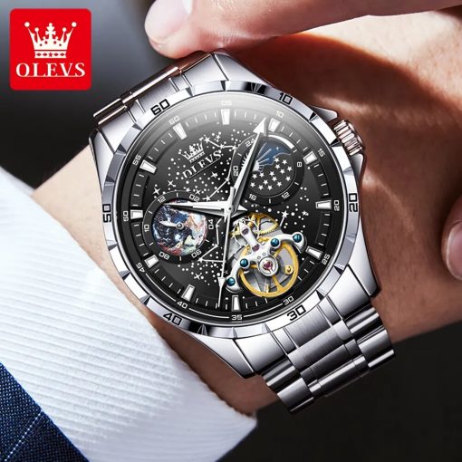 Olevs Automatic Mechanical Watch For Men Skeleton Hollow Rotating Seconds Starry Sky Men S Wristwatch Luminous 3