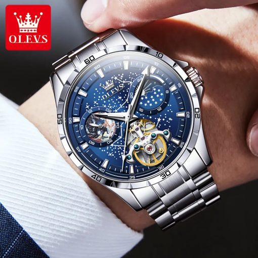 Olevs Automatic Mechanical Watch For Men Skeleton Hollow Rotating Seconds Starry Sky Men S Wristwatch Luminous 4