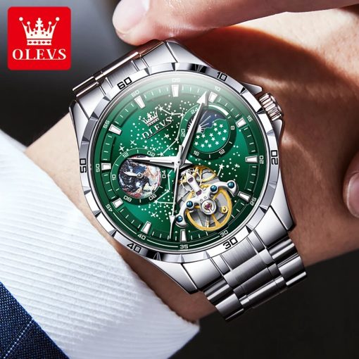 Olevs Automatic Mechanical Watch For Men Skeleton Hollow Rotating Seconds Starry Sky Men S Wristwatch Luminous 5