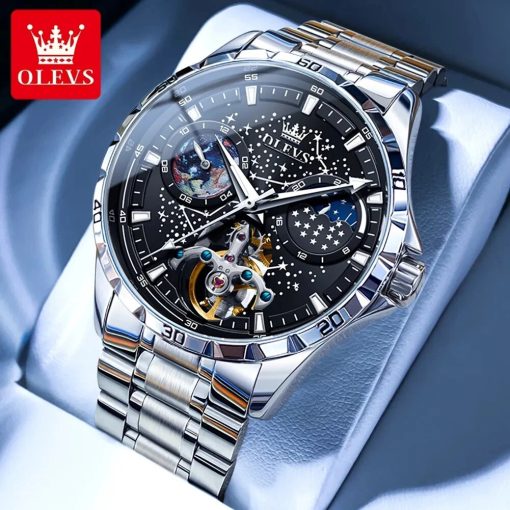 Olevs Automatic Mechanical Watch For Men Skeleton Hollow Rotating Seconds Starry Sky Men S Wristwatch Luminous