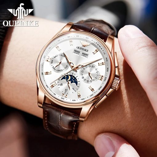 Oupinke Original Automatic Mechanical Watch For Men Leather Waterproof Luxury Brand Moon Phase Men S Wristwatches 2